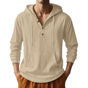 Men’s Linen Hoodie Lightweight Hawaiian Shirt Casual Beach Shirt with Pockets(Khaki)