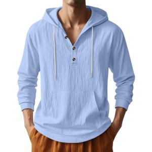Men’s Linen Hoodie Lightweight Hawaiian Shirt Casual Beach Shirt with Pockets(Light Blue)