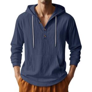 Men’s Linen Hoodie Lightweight Hawaiian Shirt Casual Beach Shirt with Pockets(Navy)