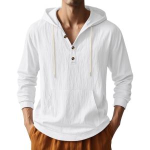 Men’s Linen Hoodie Lightweight Hawaiian Shirt Casual Beach Shirt with Pockets(White)