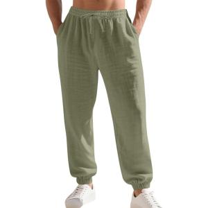 Men’s Linen Joggers Summer Beach Lightweight Drawstring Yoga Pants with Pockets & Elastic Cuffs(Army Green)