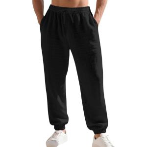 Men’s Linen Joggers Summer Beach Lightweight Drawstring Yoga Pants with Pockets & Elastic Cuffs(Black)