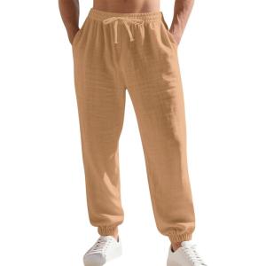 Men’s Linen Joggers Summer Beach Lightweight Drawstring Yoga Pants with Pockets & Elastic Cuffs(Earthy Yellow)