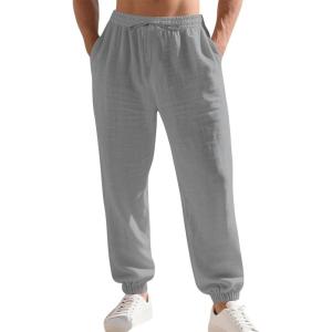 Men’s Linen Joggers Summer Beach Lightweight Drawstring Yoga Pants with Pockets & Elastic Cuffs(Grey)