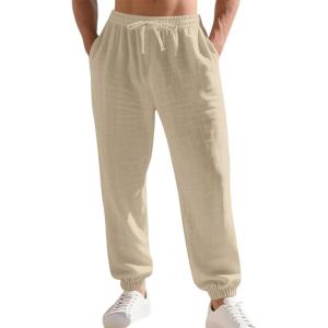 Men’s Linen Joggers Summer Beach Lightweight Drawstring Yoga Pants with Pockets & Elastic Cuffs(Khaki)