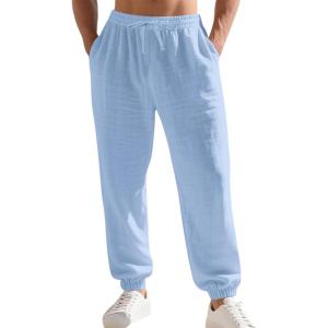 Men’s Linen Joggers Summer Beach Lightweight Drawstring Yoga Pants with Pockets & Elastic Cuffs(Light Blue)