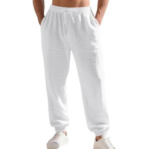 Men’s Linen Joggers Summer Beach Lightweight Drawstring Yoga Pants with Pockets & Elastic Cuffs(White)