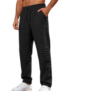 Mens Linen Pants Casual Beach Pants for Men Elastic Waist Drawstring Yoga Trousers with Pockets(Black)