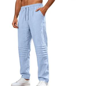 Mens Linen Pants Casual Beach Pants for Men Elastic Waist Drawstring Yoga Trousers with Pockets(Blue)