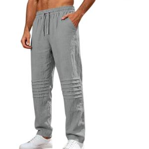 Mens Linen Pants Casual Beach Pants for Men Elastic Waist Drawstring Yoga Trousers with Pockets(Grey)