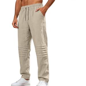 Mens Linen Pants Casual Beach Pants for Men Elastic Waist Drawstring Yoga Trousers with Pockets(Khaki)