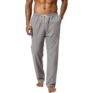Men’s Linen Pants Casual Beach Yoga Pants Elastic Waist Drawstring Straight Leg Loose Lightweight Trousers with Pockets(Grey)