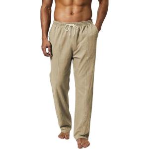 Men’s Linen Pants Casual Beach Yoga Pants Elastic Waist Drawstring Straight Leg Loose Lightweight Trousers with Pockets(Khaki)