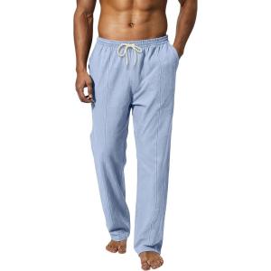 Men’s Linen Pants Casual Beach Yoga Pants Elastic Waist Drawstring Straight Leg Loose Lightweight Trousers with Pockets(Light Blue)