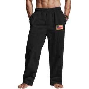 Mens Linen Pants Elastic Waist Drawstring Summer Beach Yoga Pants Wide Leg Trousers with Flag Label(Black)