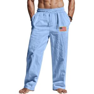 Mens Linen Pants Elastic Waist Drawstring Summer Beach Yoga Pants Wide Leg Trousers with Flag Label(Blue)