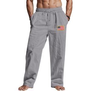 Mens Linen Pants Elastic Waist Drawstring Summer Beach Yoga Pants Wide Leg Trousers with Flag Label(Grey)