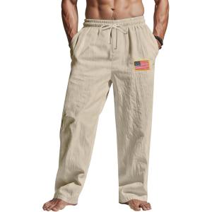 Mens Linen Pants Elastic Waist Drawstring Summer Beach Yoga Pants Wide Leg Trousers with Flag Label(Khaki)
