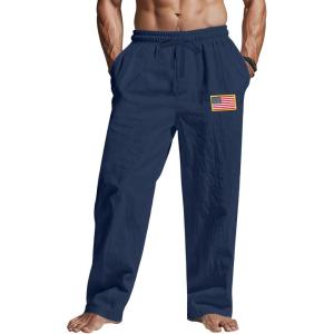 Mens Linen Pants Elastic Waist Drawstring Summer Beach Yoga Pants Wide Leg Trousers with Flag Label(Navy)