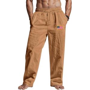 Mens Linen Pants Elastic Waist Drawstring Summer Beach Yoga Pants Wide Leg Trousers with Flag Label(Orange)