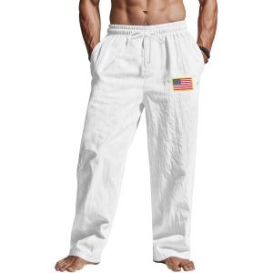 Mens Linen Pants Elastic Waist Drawstring Summer Beach Yoga Pants Wide Leg Trousers with Flag Label(White)