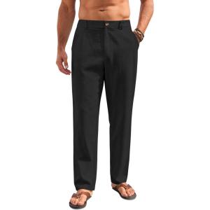 Mens Linen Pants Lightweight Casual Pants Straight-Legs Loose Fit Summer Beach Yoga Trousers with Pockets(Black)