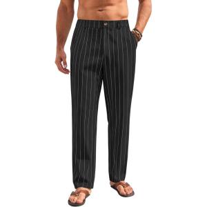Mens Linen Pants Lightweight Casual Pants Straight-Legs Loose Fit Summer Beach Yoga Trousers with Pockets(Black-1)