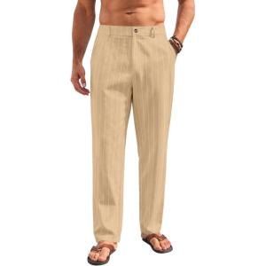 Mens Linen Pants Lightweight Casual Pants Straight-Legs Loose Fit Summer Beach Yoga Trousers with Pockets(Khaki-1)