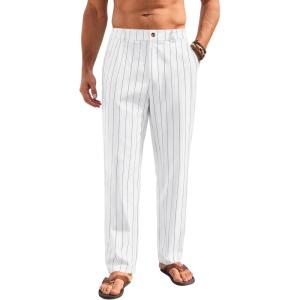 Mens Linen Pants Lightweight Casual Pants Straight-Legs Loose Fit Summer Beach Yoga Trousers with Pockets(White-1)