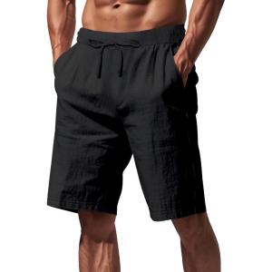 Mens Linen Shorts Casual Drawstring Elastic Waist Lightweight Breathable Summer Beach Shorts for Men(Black)