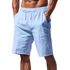 Mens Linen Shorts Casual Drawstring Elastic Waist Lightweight Breathable Summer Beach Shorts for Men(Blue)