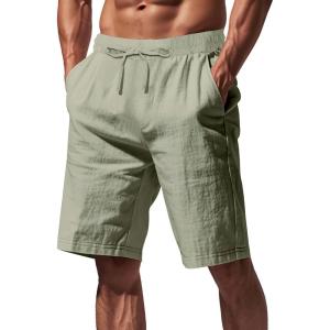 Mens Linen Shorts Casual Drawstring Elastic Waist Lightweight Breathable Summer Beach Shorts for Men(Green)