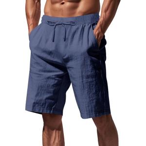 Mens Linen Shorts Casual Drawstring Elastic Waist Lightweight Breathable Summer Beach Shorts for Men(Navy Blue)