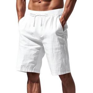 Mens Linen Shorts Casual Drawstring Elastic Waist Lightweight Breathable Summer Beach Shorts for Men(White)