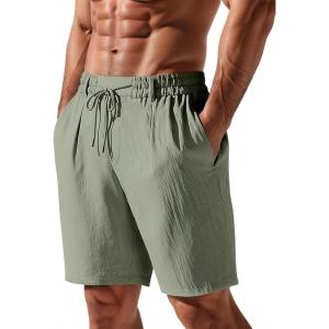 Mens Linen Shorts Casual Elastic Waist Drawstring Lightweight Vacation Summer Beach Shorts with Pockets(Army Green)