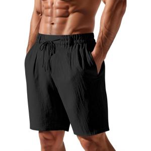 Mens Linen Shorts Casual Elastic Waist Drawstring Lightweight Vacation Summer Beach Shorts with Pockets(Black)