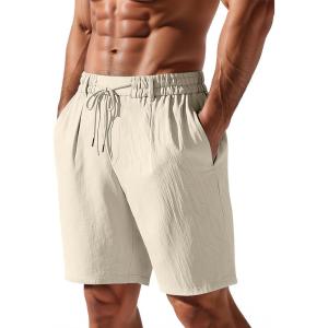 Mens Linen Shorts Casual Elastic Waist Drawstring Lightweight Vacation Summer Beach Shorts with Pockets(Khaki)