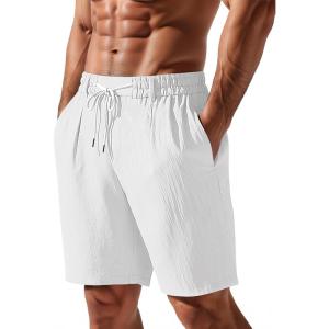 Mens Linen Shorts Casual Elastic Waist Drawstring Lightweight Vacation Summer Beach Shorts with Pockets(White)