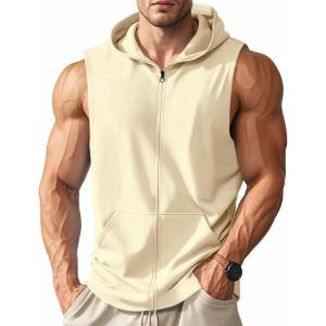 Men’s Workout Hooded Tank Tops Zip Up Sleeveless Gym Shirts Bodybuilding Hoodies Muscle Cut Off T Shirt(Apricot)