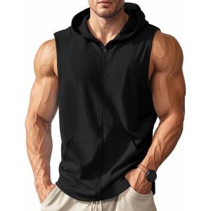 Men’s Workout Hooded Tank Tops Zip Up Sleeveless Gym Shirts Bodybuilding Hoodies Muscle Cut Off T Shirt(Black)