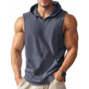 Men’s Workout Hooded Tank Tops Zip Up Sleeveless Gym Shirts Bodybuilding Hoodies Muscle Cut Off T Shirt(Dark Grey)