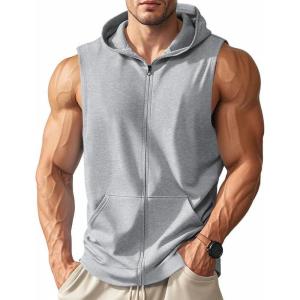 Men’s Workout Hooded Tank Tops Zip Up Sleeveless Gym Shirts Bodybuilding Hoodies Muscle Cut Off T Shirt(Grey)