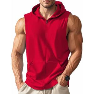 Men’s Workout Hooded Tank Tops Zip Up Sleeveless Gym Shirts Bodybuilding Hoodies Muscle Cut Off T Shirt(Red)