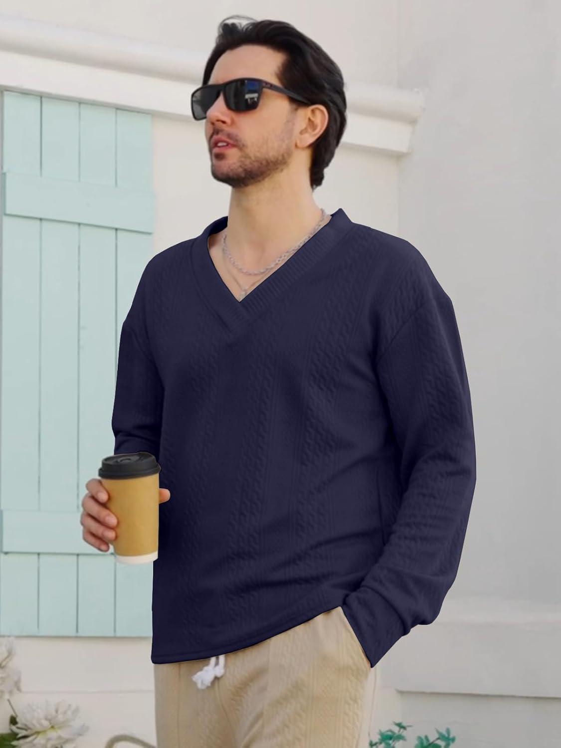 imageMens VNeck Sweatshirt Casual Block Striped Long Sleeve Pullover Baggy Knitted ShirtsNavy