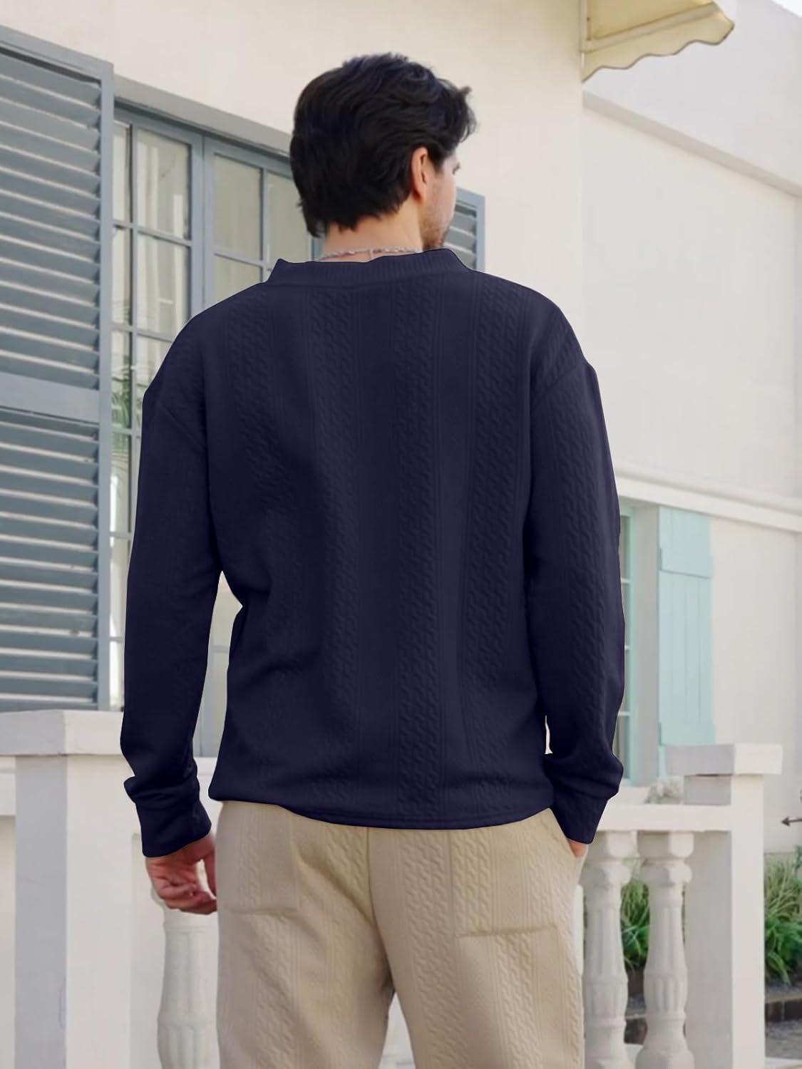 imageMens VNeck Sweatshirt Casual Block Striped Long Sleeve Pullover Baggy Knitted ShirtsNavy