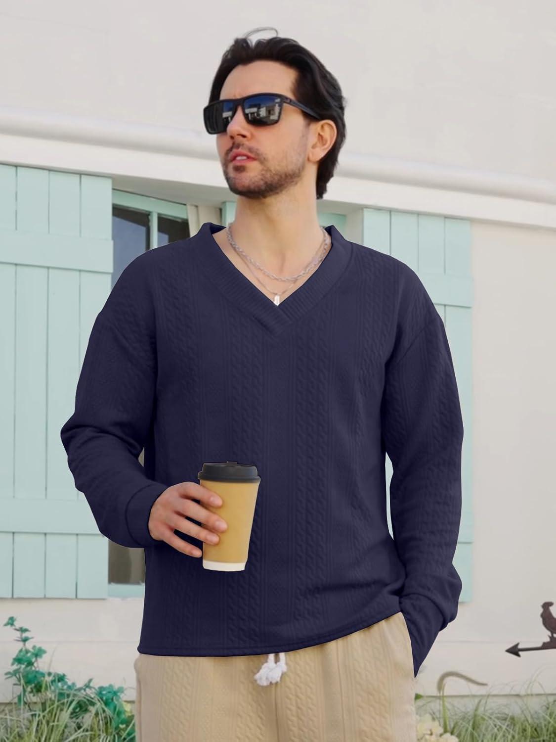 imageMens VNeck Sweatshirt Casual Block Striped Long Sleeve Pullover Baggy Knitted ShirtsNavy