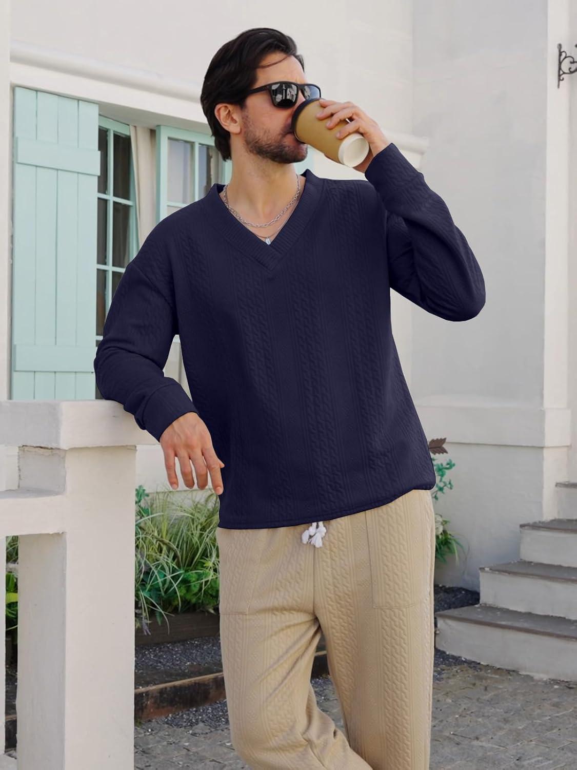 imageMens VNeck Sweatshirt Casual Block Striped Long Sleeve Pullover Baggy Knitted ShirtsNavy