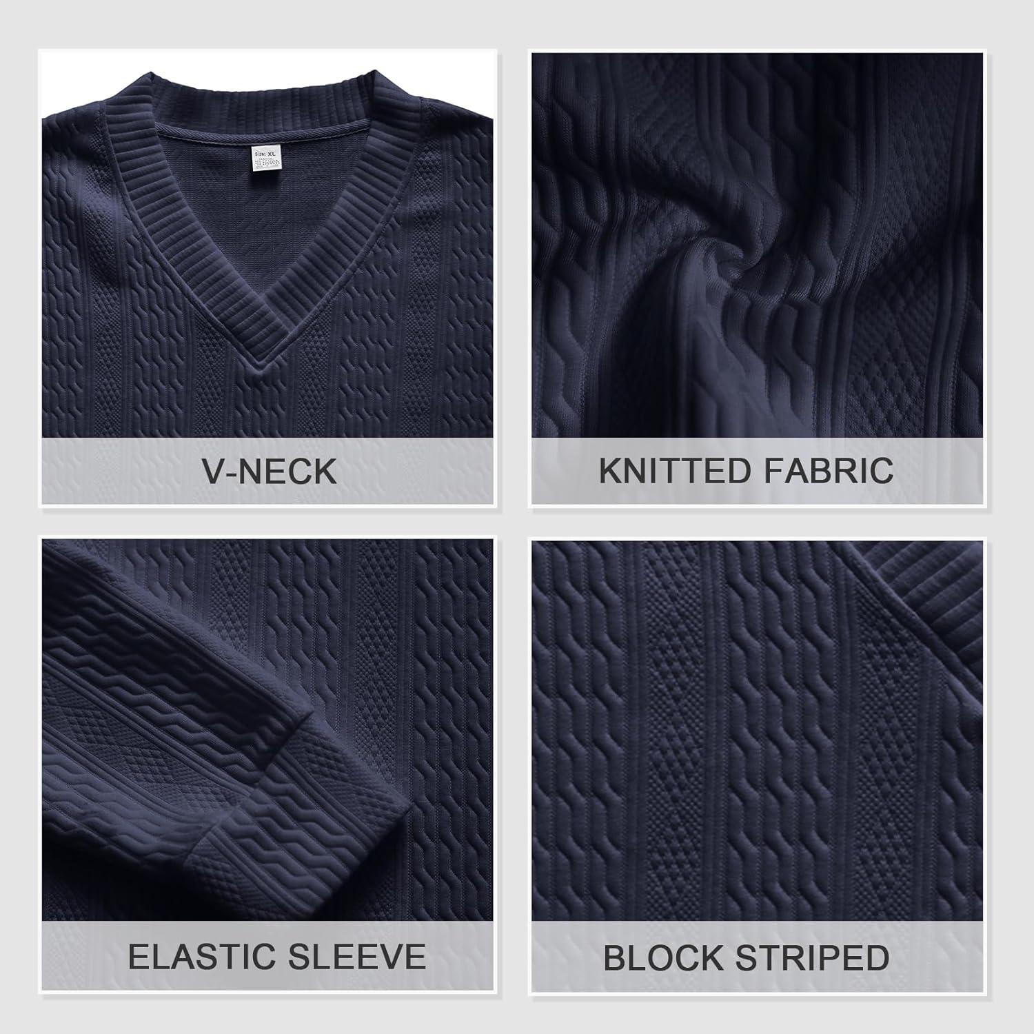 imageMens VNeck Sweatshirt Casual Block Striped Long Sleeve Pullover Baggy Knitted ShirtsNavy