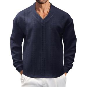 Men’s V-Neck Sweatshirt Casual Block Striped Long Sleeve Pullover Baggy Knitted Shirts(Navy)