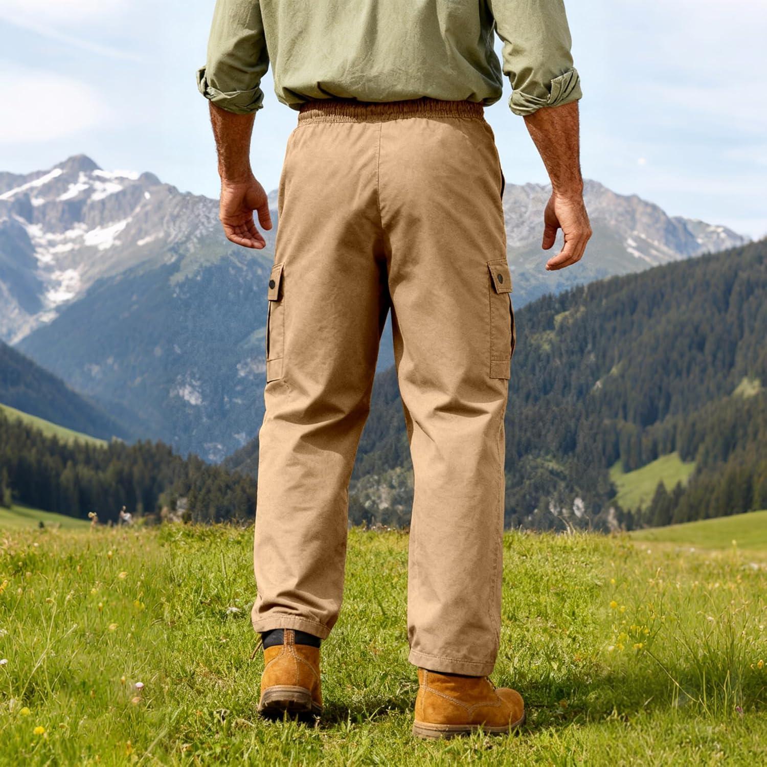 imageMens Casual Cargo Pants Workout Joggers Sweatpants Waist Drawstring Hiking Tactical Pants with Multi PocketsKhaki